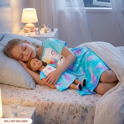 Play Tailor Doll and Girl Matching Nightgown Unicorn Outfit Pajamas Night Dress for Girls and 18" Dolls Clothes