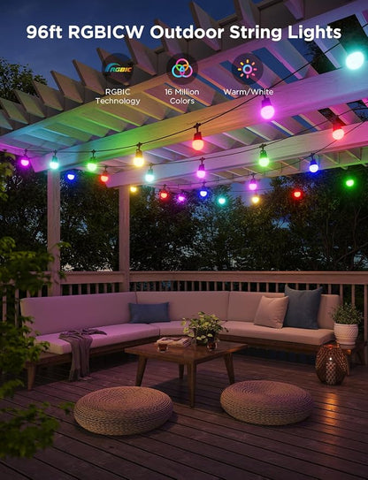 Govee Smart Outdoor String Lights 2, 96ft RGBIC Patio Lights with 30 Bulbs | Dimmable Warm White LED Bulbs, IP65 Waterproof, 47 Scene Modes for Backyard, Balcony, Work with Alexa, App Control
