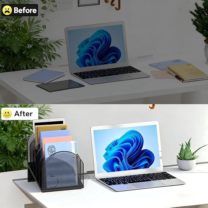 gianotter Desktop File Organizer with 5 Compartments | Desk Organizer Paper Organizer for Desk Workspace Organizers for Office Supplies (Black, Inclined Style)