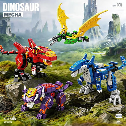 4-in-1 Dinosaur Mecha Robot Building Block Set, 4 Animal Shapes Transformable Mech, Cool Creative Robot Toy Gift, Suitable for Boys & Kids Over 6 Years Old(904 PCS)
