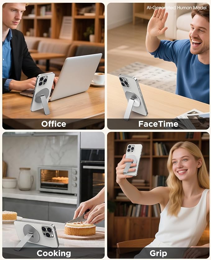 Magnetic Phone Stand Grip for Magsafe, Utral-Thin Snap-on Phone Kickstand, Holder & Grip, Foldable & Adjustable for Hands-Free Viewing | Compatible with Phone 16 15 14 13 12 Pro,Silver