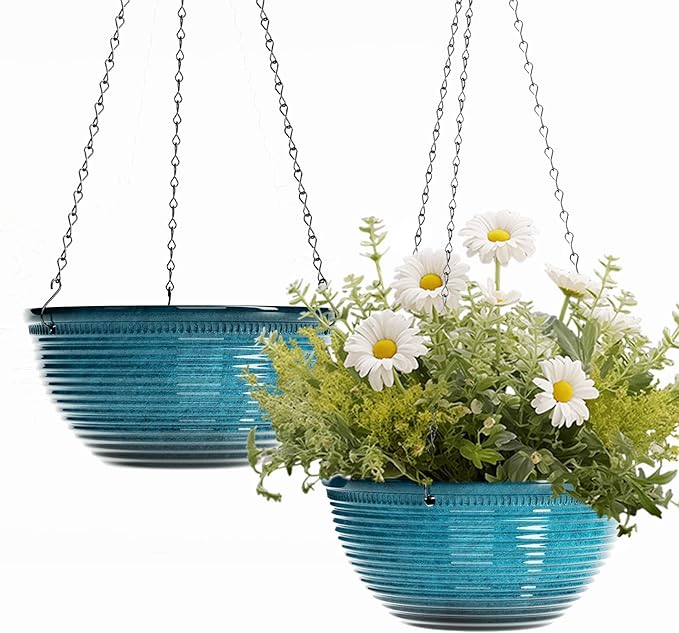 10in Hanging Planters for Indoor and Outdoor Plants, 2 Pack Hanging Planter with Drainage Hole, Round Hanging Flower Pots for Garden Home Decor (Blue)