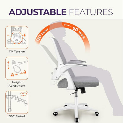 NEO CHAIR Office Desk Chair, Ergonomic Mesh with Flip-Up Armrests, Grey | Lumbar Support, Height Adjustment, 360° Swivel and Rolling Base, Space-Saving Design for Home Office, Vanity or Study