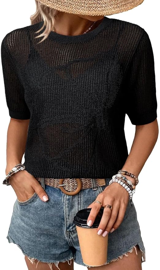 Dokotoo Womens Summer Short Sleeve Crochet Tops Hollow Out Floral Sweaters Beach Vacation Cruise Outfits