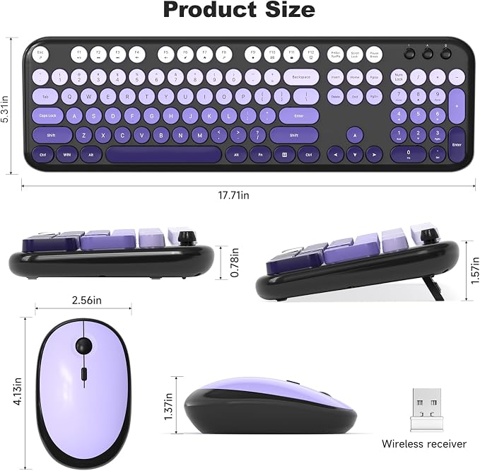 Atelus Wireless Keyboard and Mouse, Typewriter Full Size Keyboard with Number Pad and 2 in 1 USB Connected Mouse for Windows 7/8/10, Laptop, Desktop, PC, Computer (Black Purple)