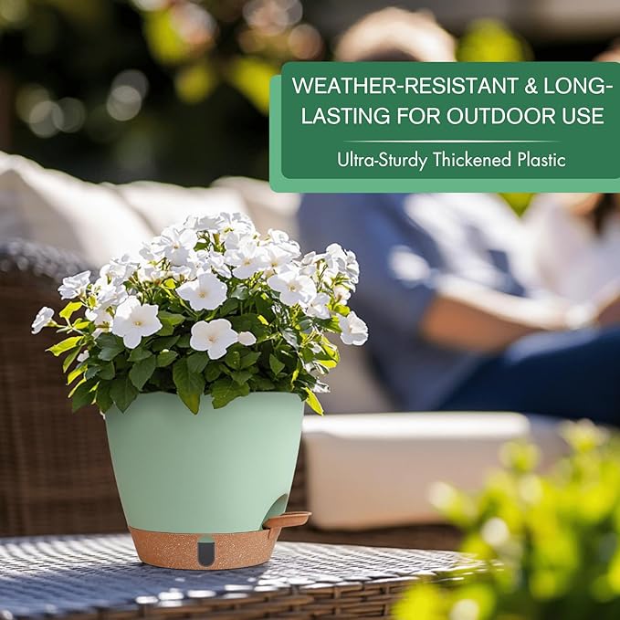 montresor 2 Pack 8 inch Plant Pots, PP Plastic Self Watering Plant Pot with Drainage and Tray for Indoor Outdoor Plants, Water Level Window & Reservoir Flower Pots Decorative Planter (Green)