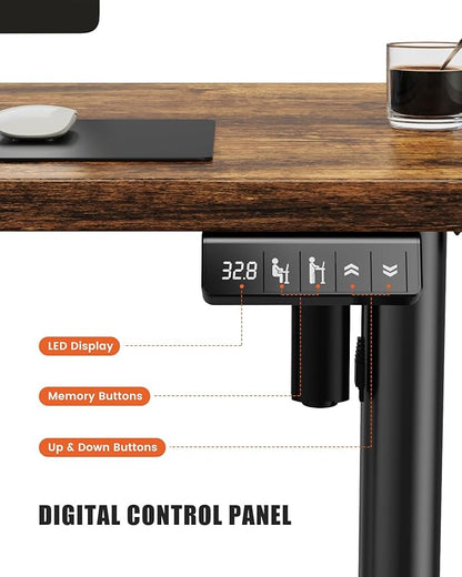Electric Standing Desk Adjustable Height Stand Up Desk, 48" x 24" Sit Stand Desk, Low Noise Home Office Desk, Computer Desk with Whole-Piece Board, Child Lock & Memory Function, Rustic Brown