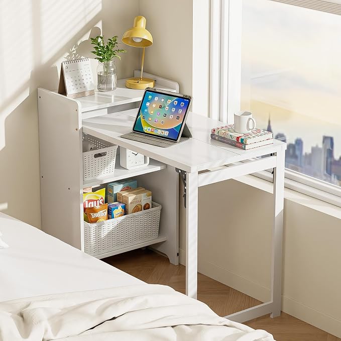 Bamboo Folding Desk with Storage, Foldable Desk for Small Spaces, White | Space-Saving Computer Desk with Storage, Compact Size, Writing Study Table for Home Office, Bedroom, Dorm, Apartment