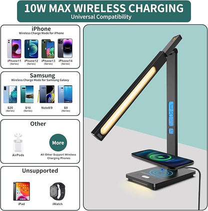 10 in 1 Smart Desk Lamp, Desk Table Lamp for Office, Eye-Caring Office Lamp with Night Light, Lamp for Desk with 10W Wireless Charger, Dimmable Touch Lamp for Home College Dorm Reading Study Work Room