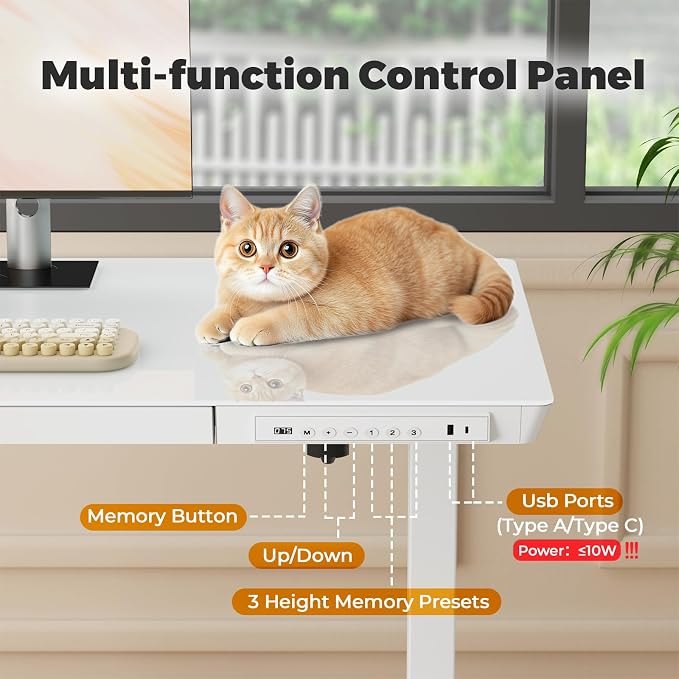 32" Glass Standing Desk with Drawer, Small Electric Desk | Height Adjustable Quick Install One-Piece Tabletop with USB Charging Ports, Sit Stand Computer Desk for Compact Space, White