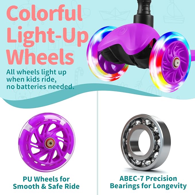 BELEEV A1 Scooter for Kids Ages 2-6, 3 Wheel Kick Scooter for Toddlers Girls Boys, Light up Wheels, Adjustable Height, Lean to Steer, Non-Slip Deck, Lightweight Push Scooter for Children