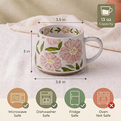 Ceramic Coffee Mug, 13oz Floral Design Pottery cute mugs, Ideal Gift for Women unique vintage pretty coffee mugs (Pink Bulky Flower Mug)