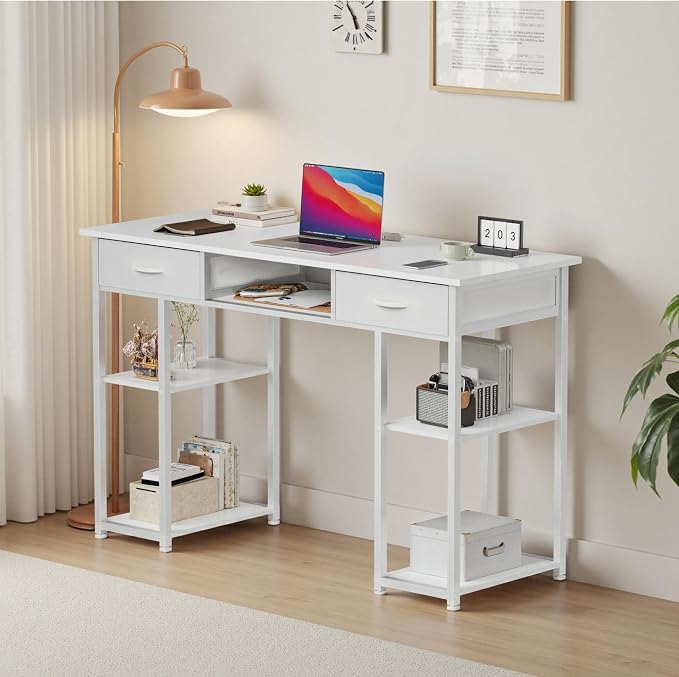 OLIXIS Desk with Storage, Computer Desk, Fabric Drawers | Home Office Work Table, Study Gaming Writing Table, Bedroom Small Space, White