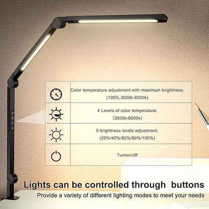 LED Desk Lamp with Clamp Flexible 3 Sections Swing Arm 2 Light Sources Desk Light, 4 Color Modes & 5 Brightness, Eye Caring Led Table Light with Memory Function for Table Lamps for Office