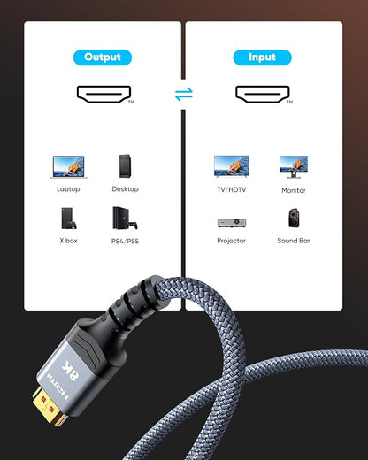 Highwings 8K@60 2.1 Long HDMI Cable 35FT, Ultra 48Gbps High Speed HDMI Braided Nylon 4K120 144Hz eARC HDR Compatible for PS5 and Monitor