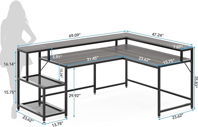L-Shaped Desk with Monitor Shelf,Corner Computer Desk with Storage, Gray