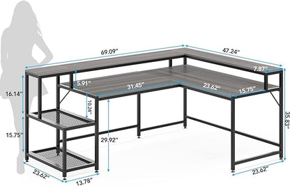 L-Shaped Desk with Monitor Shelf,Corner Computer Desk with Storage, Gray