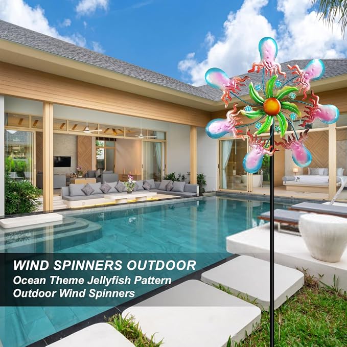 Jellyfish Wind Spinners - 39" Ocean-Themed Metal Wind Sculptures Garden Stake Art, 13.5” Windmill Yard Kinetic, Outdoor Decor for Patio & Lawn - Metal Beach Sculpture with Jellyfish Design