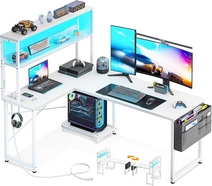 AODK L Shaped Desk Gaming Desk with LED Light & Power Outlet | 53 Inch White Reversible L Shaped Computer Table with Shelf, Corner Desk with Storage Bag&Hook for Home Office Desk