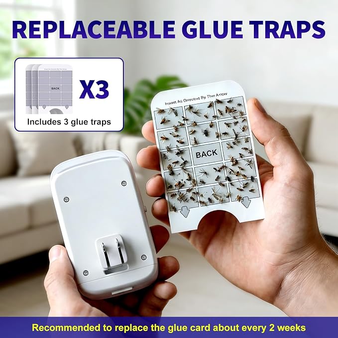 Upgraded Fruit Fly Traps for Indoors, Flying Insect Trap for Fruit Flies, Gnats, Plug in Bug Zapper Indoor with Dual-UV Lights & Trapping, Electric Grid & Glue Traps(1 Device & 3 Glue Boards)