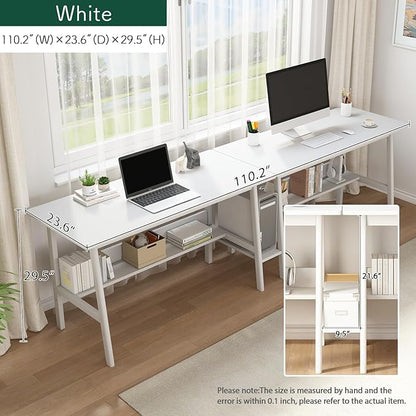 2-Person Writing Desk with Bookshelf - 110" Wooden Extra Long Home Office Work Table, Double Study Computer Workstation with Storage Shelves in White, 110" W x 24" D