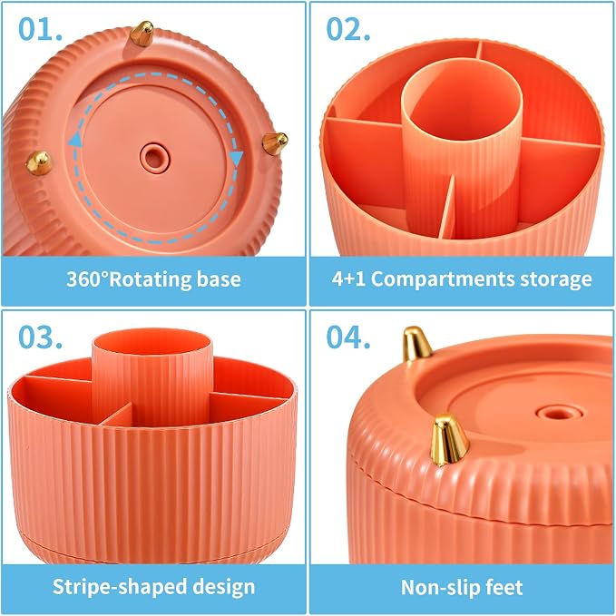 Marbrasse Desk Organizer, 360-Degree Rotating Pen Holder, Desk Organizers and Accessories with 5 Compartments Pencil Holder, Art Supply Storage Box Caddy for Office, Home（Orange）