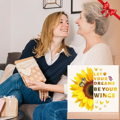 TIKTREE Inspirational Gifts for Women, Let Your Dreams Be Your Wings Positive Sign, Sunflower Motivational Gifts, Cheer Up Gifts for Women, Home Office Desk Decor with Wood Base