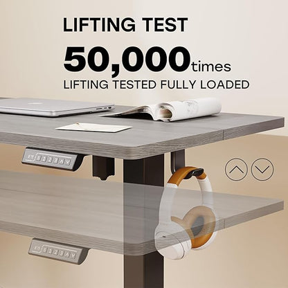 Grey Standing Desk, 48 X 24 Inch Adjustable Height Electric Desk, Sit Stand Desk with 2 Hooks, Ergonomic Rising Desk with Splice Board