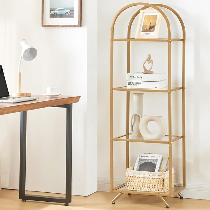 HOMBAZAAR Bookshelf,4-Tier Modern Bookcase,Book Shelf with Tempered Glass,Tall Bookshelf for Home Office, Bedroom and Living Room,Gold.