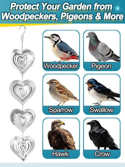 3pcs Reflective Wind Spinners Outdoor for Bird Scare - Stainless Steel Bird Reflectors to Keep Birds Away, Pinwheels for Yard and Garden Decor, Heart-Shaped