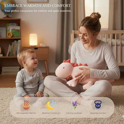 KOWSI® Microwavable Heating Pad Pink Stegosaurus Plush - 1.4 Lb Weighted Stuffed Animal Toy with Tourmaline Beads & Lavender - 16" Squished Long Dinosaur Pillow - Lumbar Back Cushion Lasting Warmth
