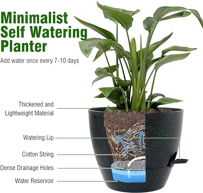 12/10/9 inch Large Self Watering Pots, Planter, Plant Pots with Mesh Drainage Holes for Indoor Outdoor Garden Plants, Plastic Flower Pots with Deep Reservoir, Black with Green Speckles