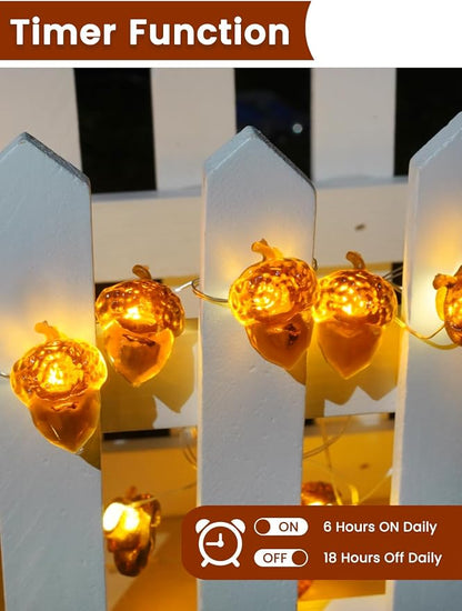 BOSSERN 2 Pack 60LED Thanksgiving Decoration Acorn String Light Battery Operated, 20FT Fall Lights with Remote, Waterproof 8 Modes Fairy Lights for Autumn Harvest Thanksgiving Halloween Decor