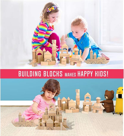 Migargle Kids Wooden Blocks - 80 Pcs - Stacking Building Blocks for Toddlers - Natural Beech Wood Blocks - Preschool Learning Toys for Kids Ages 3+