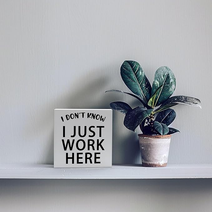 Funny Quotes Wood Box Sign I Don’t Know I Just Work Here Office Signs for Desk Funny Office Desk Accessories Funny Signs for Office Decorative Signs for Home Decor Work Office Decor (5x5inch)