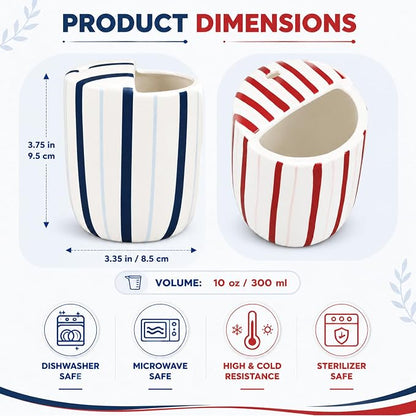 2 Pcs Ceramic Mug with Sip Hole 10 oz Deep Blue Red Striped Ceramic Coffee Mug Hand Painted Travel Mugs Heat Resistant Non Slip Built in One Lid Mugs for Coffee Lovers Appreciation Gift