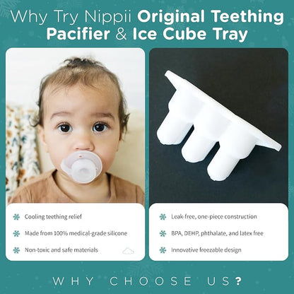 Nippii Freezable Pacifier & Ice Cube Tray, Baby Teether Toys 0-9 Months | Hands-Free, Medical-Grade Silicone, Water-Fillable, Cold. Includes Ice Cube Tray. Made in USA, CPSC Compliant, BPA Free