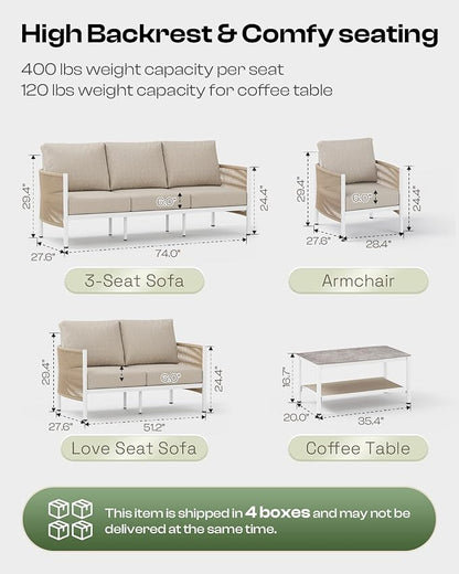 Aluminum Outdoor Sofa Armchair, HDPE Rope Patio Couch with Washable Thick Cushion, All-Weather Outdoor Patio Chairs Set of 2 for Balcony, Yard, White Frame, Ivory