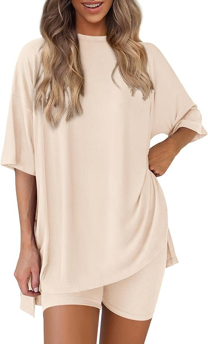 PRETTYGARDEN Women 2 Piece Lounge Set 2026 Summer Casual Oversized Shirts Biker Shorts Matching Airport Travel Outfit Clothes