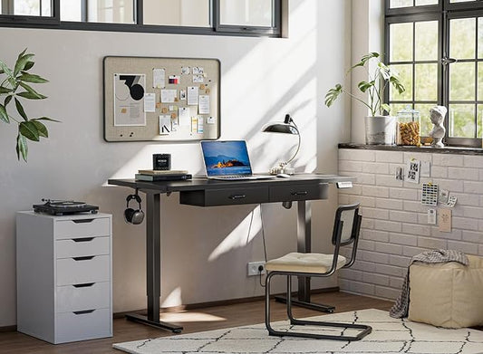FEZIBO Adjustable Height Electric Standing Desk with Double Drawer, 48 x 24 Inches Stand Up Home Office Desk with Splice Tabletop, Black Frame/Black Top