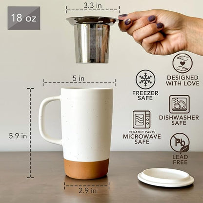 Mora Ceramics Large Tea Mug with Loose Leaf Infuser and Ceramic Lid, 18 oz, Portable, Microwave and Dishwasher Safe, Tall Coffee Cup - Rustic Matte Ceramic Glaze, Modern Herbal Tea Strainer, Cotton