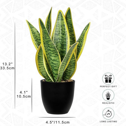 Hollyone Artificial Snake Plant Potted Faux Sansevieria Trifasciata Plants, 13" Tropical Fake Snake Plants in Black Pots for Home Office Room Indoor Decor Housewarming Gifts