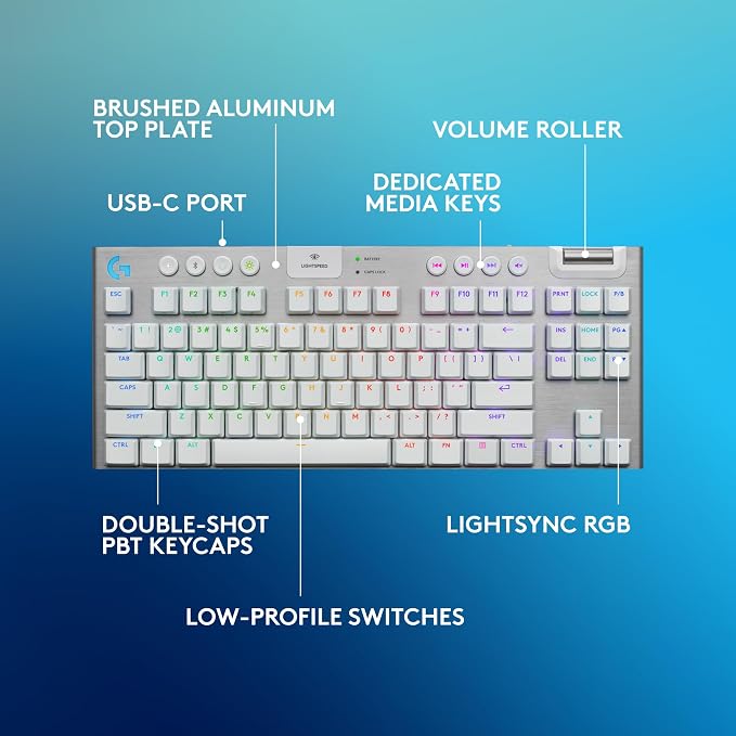 Logitech G915 X Lightspeed TKL Wireless Gaming Keyboard (Tactile) - White | Low Profile, Mechanical Switches, Double-Shot PBT Keycaps, RGB lighting, Aluminum finish, PC/Mac Compatible