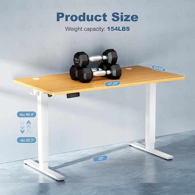 DUMOS 48 Inch Electric Standing Desk, Memory Adjustable Home Office Desk | Sit Stand Up Desk for Work Home Office,Adjustable Desk, Rising Computer Table with Splice Board,Cable Management,Hook,Oak