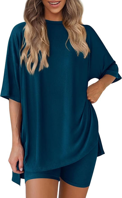 PRETTYGARDEN Women 2 Piece Lounge Set 2026 Summer Casual Oversized Shirts Biker Shorts Matching Airport Travel Outfit Clothes