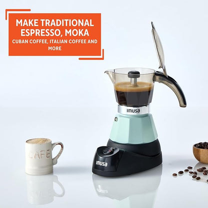 IMUSA 3 or 2 Cup Electric Espresso Maker with Cool-touch Handle, Mint | Polished Aluminum Finish, Keep Warm Function with Detachable Base, Brews Cuban and Italian Style, Perfect for Small Spaces