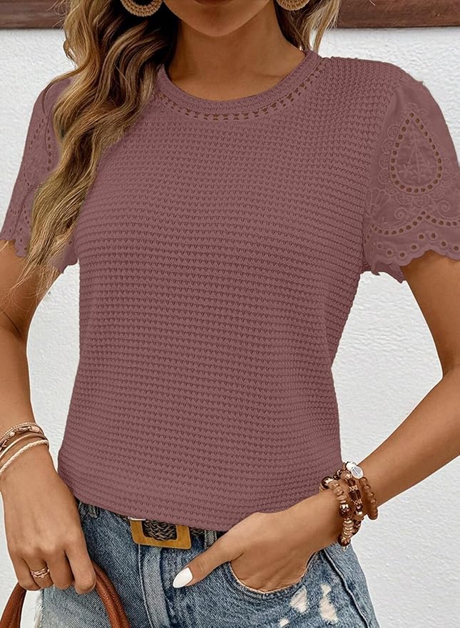 SHEWIN Womens Frenchy Summer Tops Crewneck Short Sleeve T Shirts Casual Waffle Knit Jacquard Blouses Top Shirts