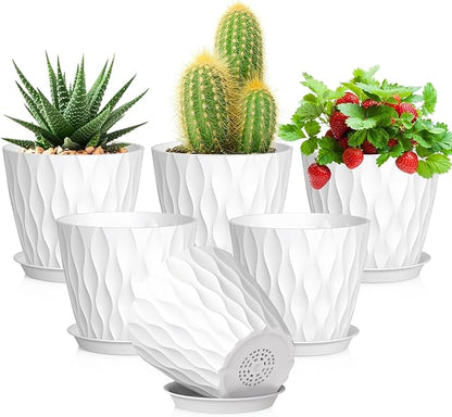 5 inch Plant Pots for Indoor Outdoor Plants, 6 Pack Thick Nursery Pots with Drainage Holes and Saucers, 3D Modern Wave Texture Small Plastic Planter Flower Pots for Succulent, Herb, White