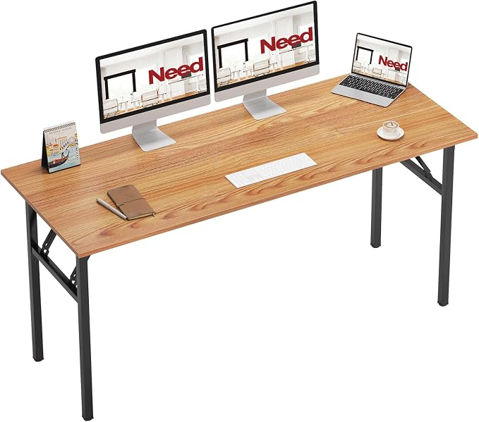 Need Home Office Desk - 62 Inches Large Computer Desk Sturdy Black Table Foldable Desk Gaming Computer Table No Assembly Required Teak AC5BB(157.5 * 60) | Black Frame Writing Gaming Work Table/Foldable Home Office Desk/Sewing Table, No Assembly Required