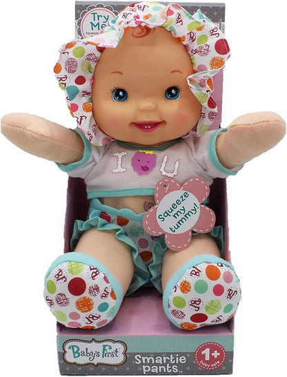 Goldberger Baby's First 12" Smartie Pants Doll with Raspberry White T-Shirt - Includes "Baby Talk" Sound Module with Surprise Raspberry Ending
